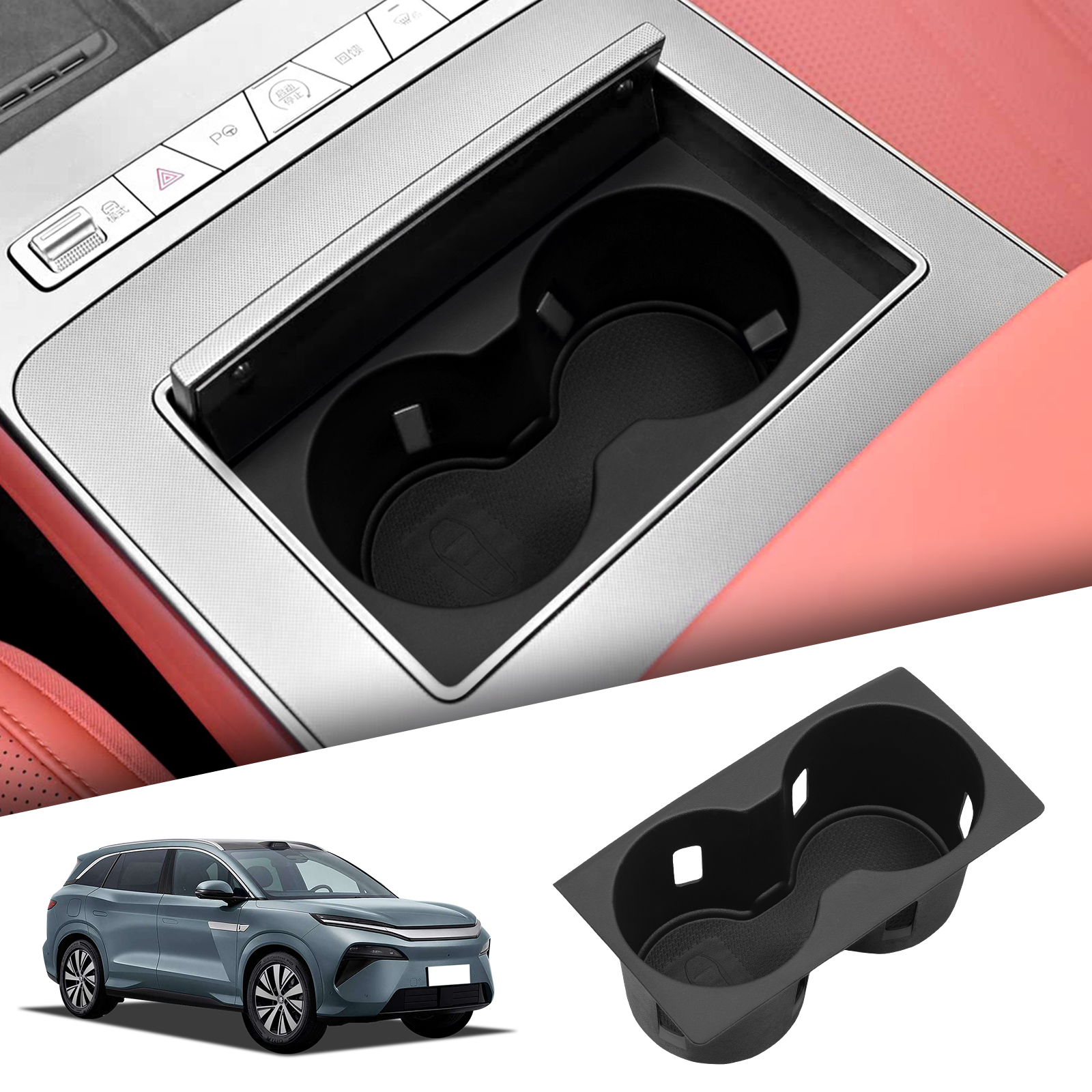 Smabee for BYD Tang L 2025 Center Console Cup Holder Storage Box Anti-Slip Shock-Absorbing Traying Accessories TPE BLACK