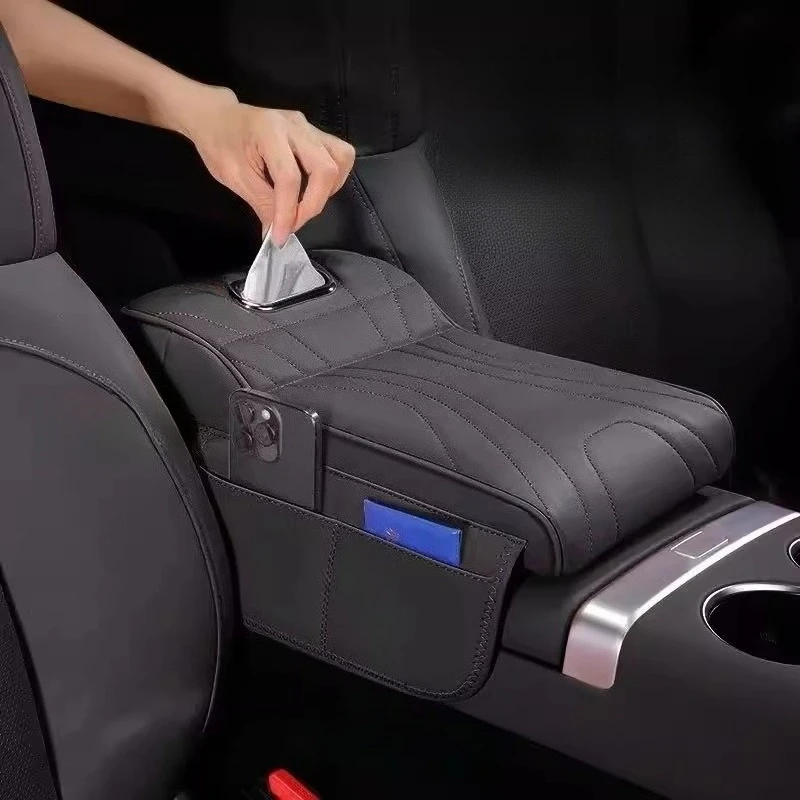 For BYD Shark 6 Center Console Armrest Riser Pad โ Premium Leather Organizer with Built-in Tissue Holder & Storage Pockets
