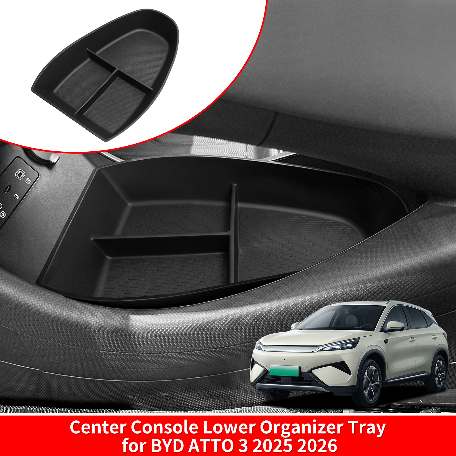 for BYD ATTO 3 Evo / YUAN PLUS 2025 2026 Center Control Lower Storage Box Interior Accessories Organizer Car Tray Tidying TPE