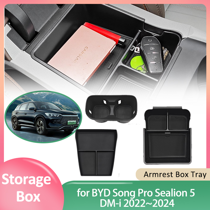 Car Storage Box for BYD Song Pro Sealion 5 DM-i 2022~2024 Rubber Silicone Mat Center Console Organizer Armrest Tray Accessories