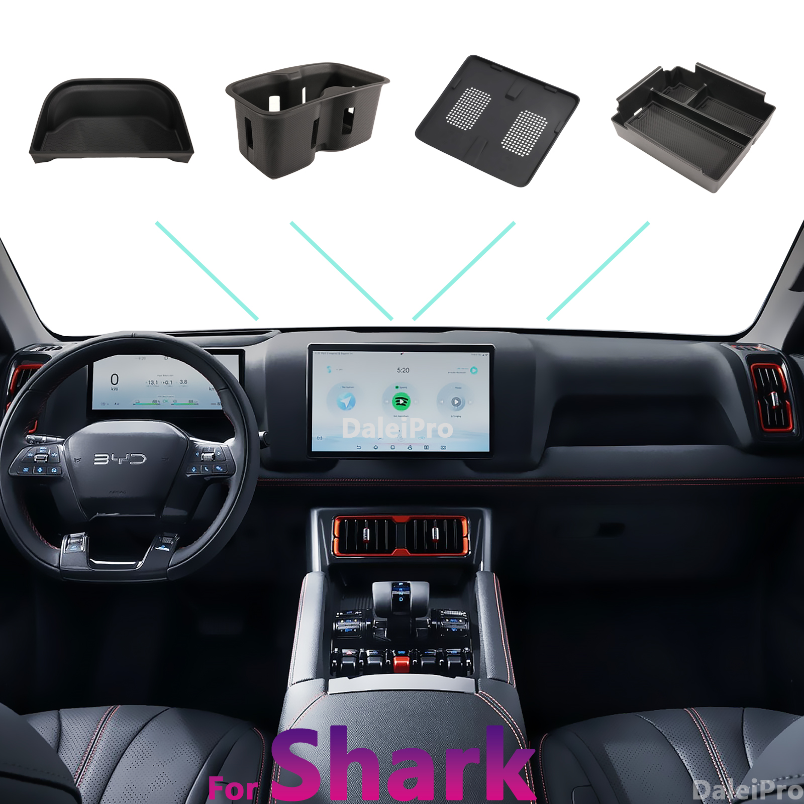 For BYD Shark 2024 2025 Car Armrest Storage Box Behind Screen Center Console Organizer Cup Holder Wireless Charger Panel Mat
