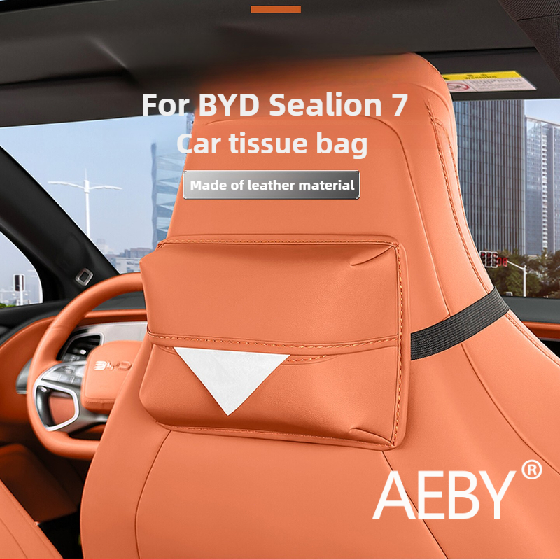 AEBY For BYD Sealion 7 2024 Car Hanging Tissue Box Holder Soft Leather Organizer Anti-Slip Rear Seat Storage Pouch Accessories