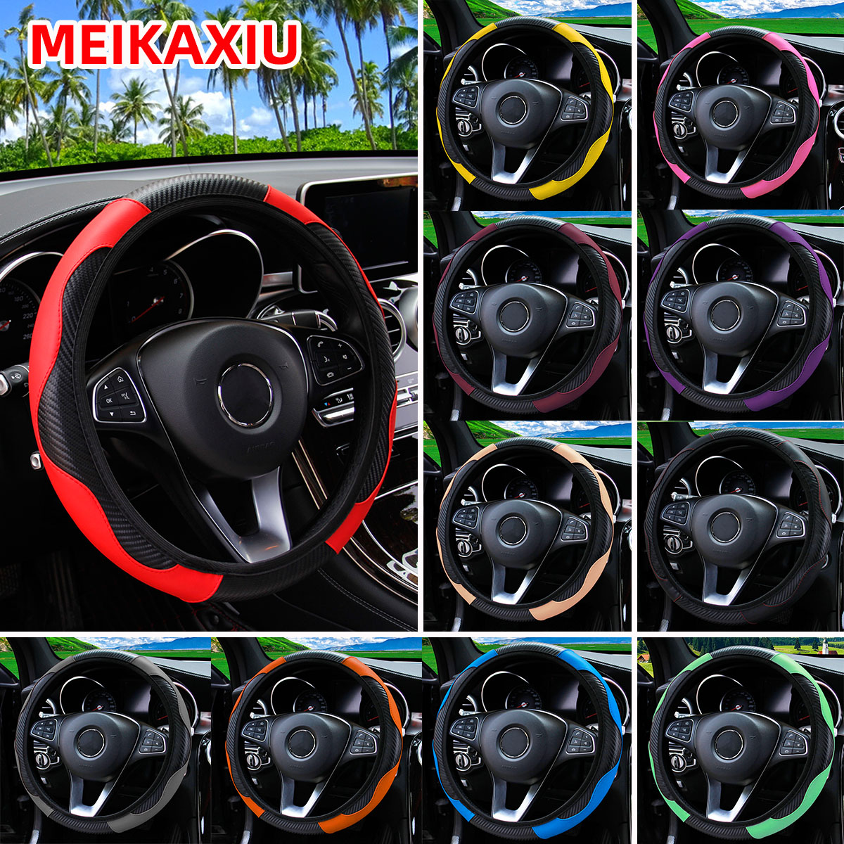 PU carbon fiber leather no inner ring car steering wheel cover is suitable for 14.5 - 15 inch car decoration items.
