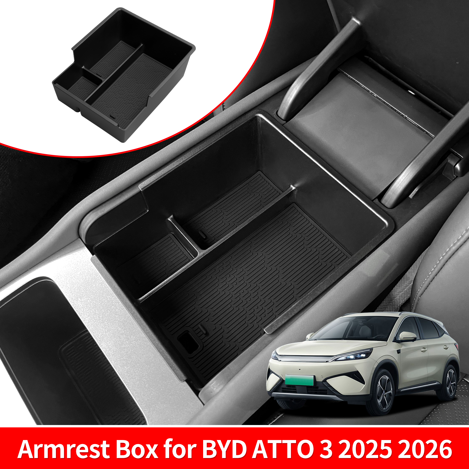for BYD ATTO3 EVO YUAN PLUS 2025 2026 Center Console Armrest Box Car Storage Box Accessories Organizer Tidying Tray ABS Black