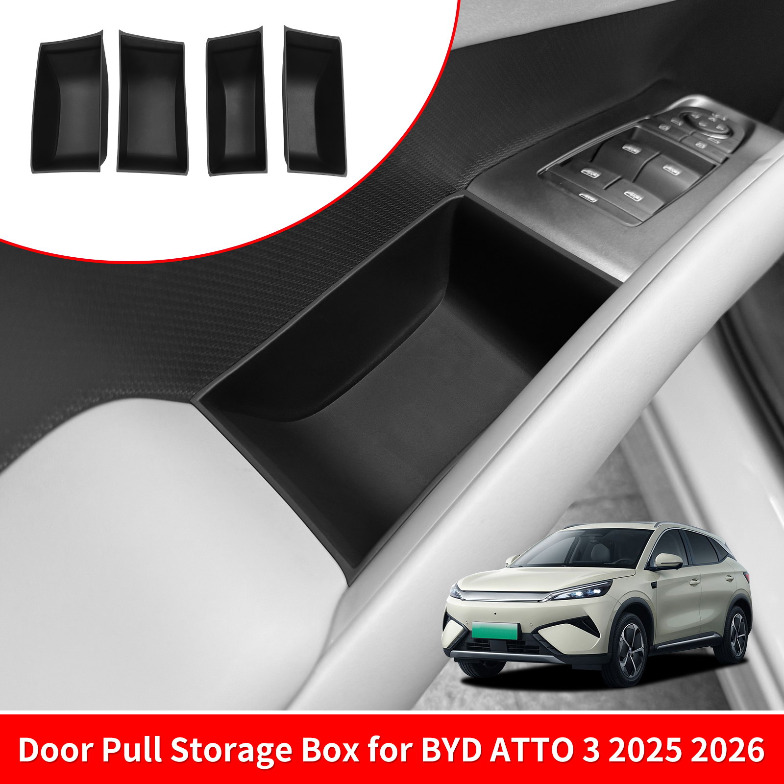 for BYD ATTO 3 EVO / YUAN PLUS 2025 2026 Car Door Handle Storage Box TPE Front Rear Door Storage Tray Organizer Accessories